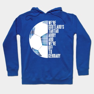 Scotland's Tartan Army, White and Blue Tartan Ball and Text Design Hoodie